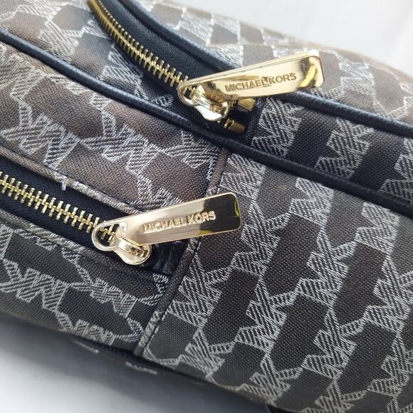 Michael Kors Brown Canvas Leather Trim MK Printed Top Zipper Closure Backpack - Picture 13 of 16